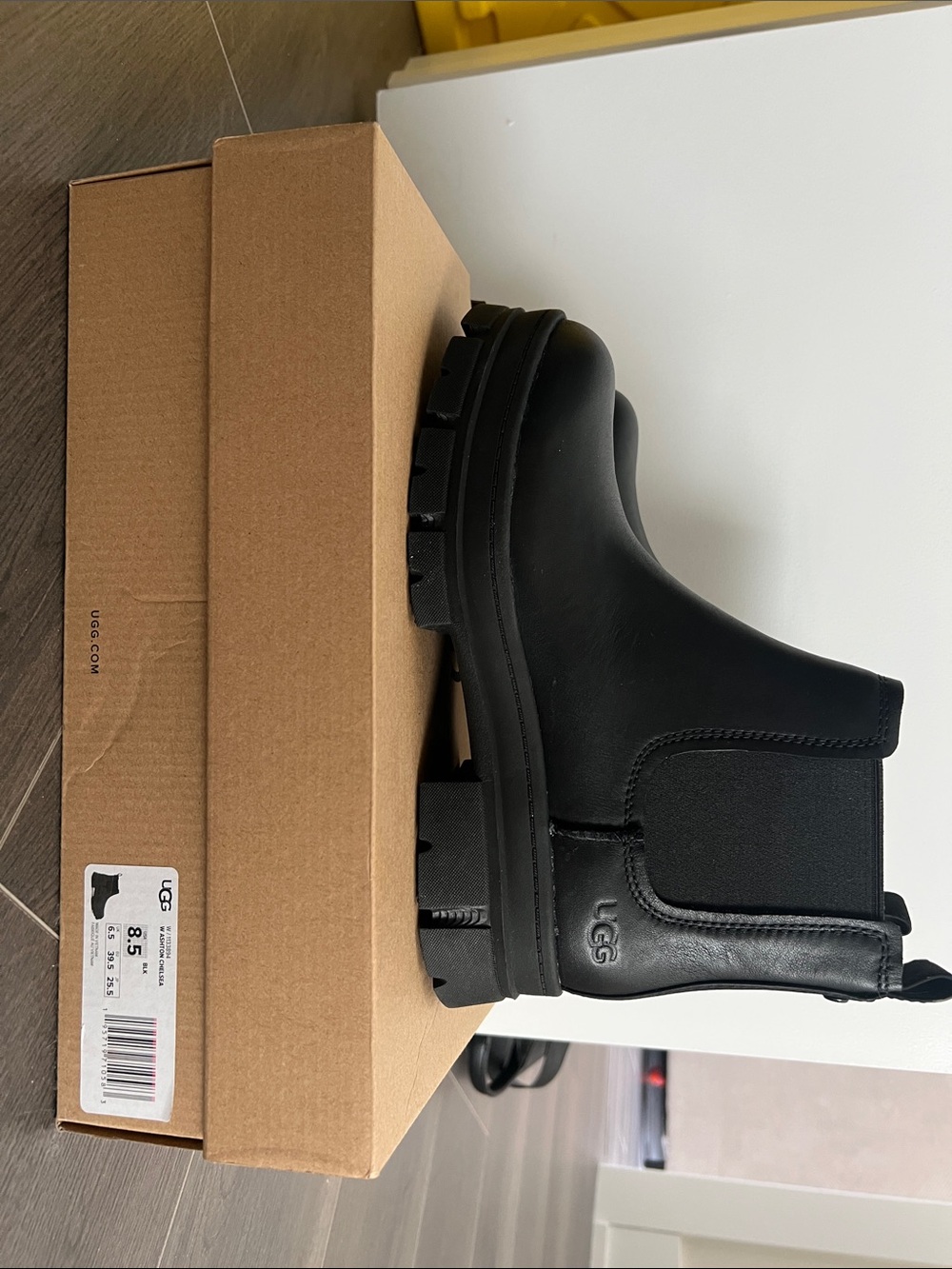 UGG Black Leather Chelsea Lug Boot - Slip-On Ankle Boot - Picture 2 of 5
